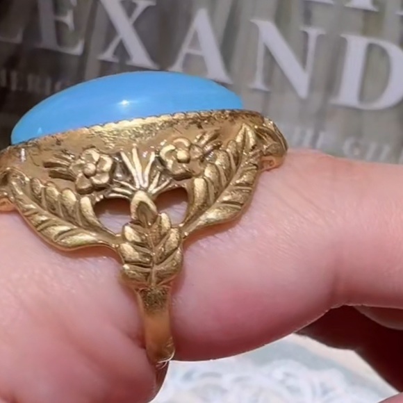 Antique Blue Opal Gemstone Brass Ring Museum-Quality Treasure - Picture 3 of 6